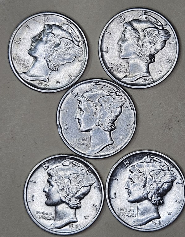 (5) AU/BU Grade Mercury Dimes: Items are the exact items in the image- Bidder is responsible for all value and grade determination - Please review the entire terms and conditions prior to placing any bids- Any bid is an