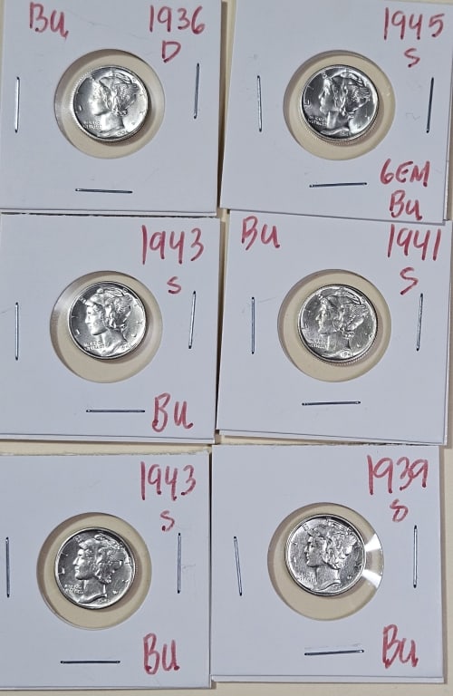 (5) BU Grade Mercury Dimes 1945 s is WOW!: Items are the exact items in the image- Bidder is responsible for all value and grade determination - Please review the entire terms and conditions prior to placing any bids- Any bid is an