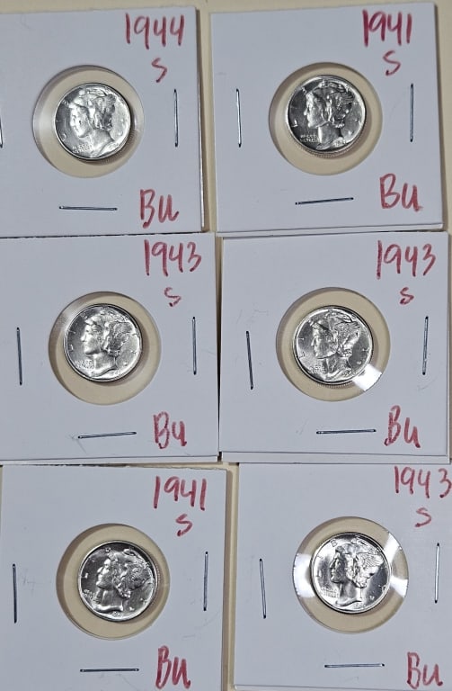 Lot of (6) BU Grade Mercury Dimes: Items are the exact items in the image- Bidder is responsible for all value and grade determination - Please review the entire terms and conditions prior to placing any bids- Any bid is an
