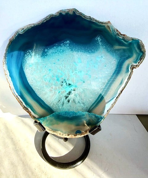 Dyed Teal Blue Banded Agate Slab w/ Quartz Center (1 of 5)