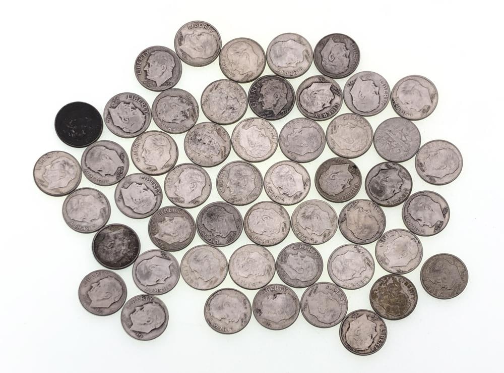 (50) Random Date Roosevelt Dimes 90% Silver: Items are as shown in the image and described in the title - Please note that we have more than one of these items and the exact item in the image may not be the item you recieve. Winning