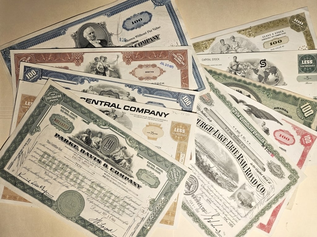 Lot of (10) Mixed Company Vintage Stock Certs (1 of 2)