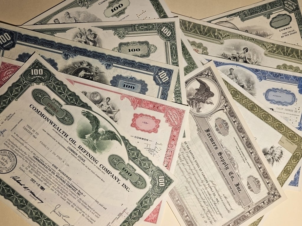(10) Assorted Stock Certificates Vintage (1 of 2)