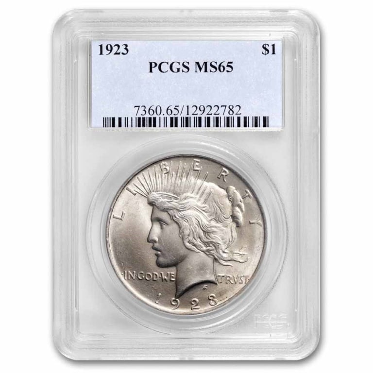 1923 MS 65 PCGS or NGC Peace Silver Dollar: Item is as shown in the image - with original mint packaging. Please review all terms and conditions prior to placing any bids - All invoices due at the end of the sale - 