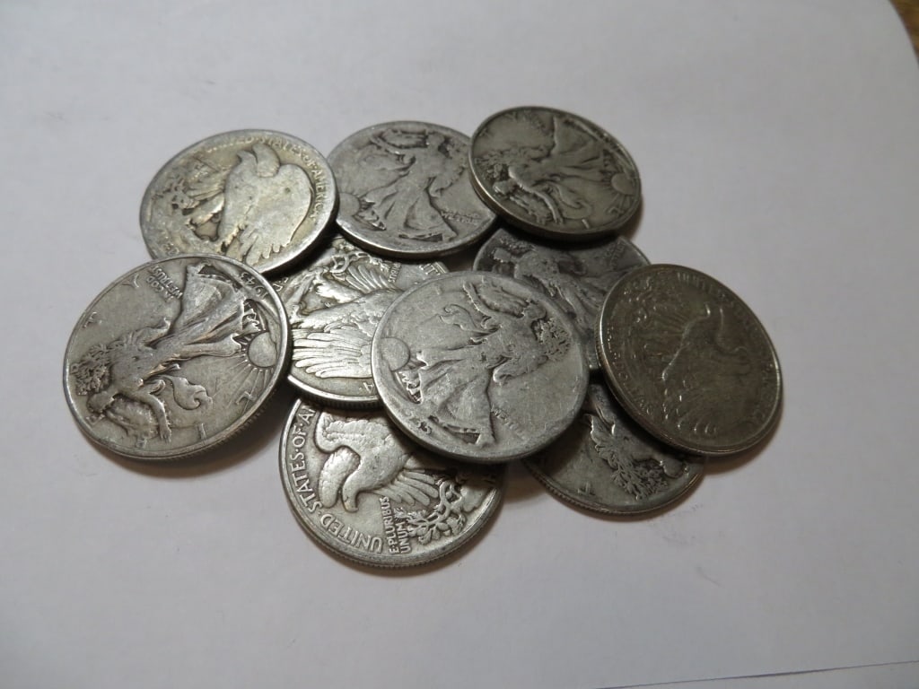 (10) Random Date Walking Liberty Halves-90% Silver: Item is as shown in the image - Bidder is responsible for all grade and value determination - Please review the entire terms and conditions prior to placing any bids. All terms apply to each
