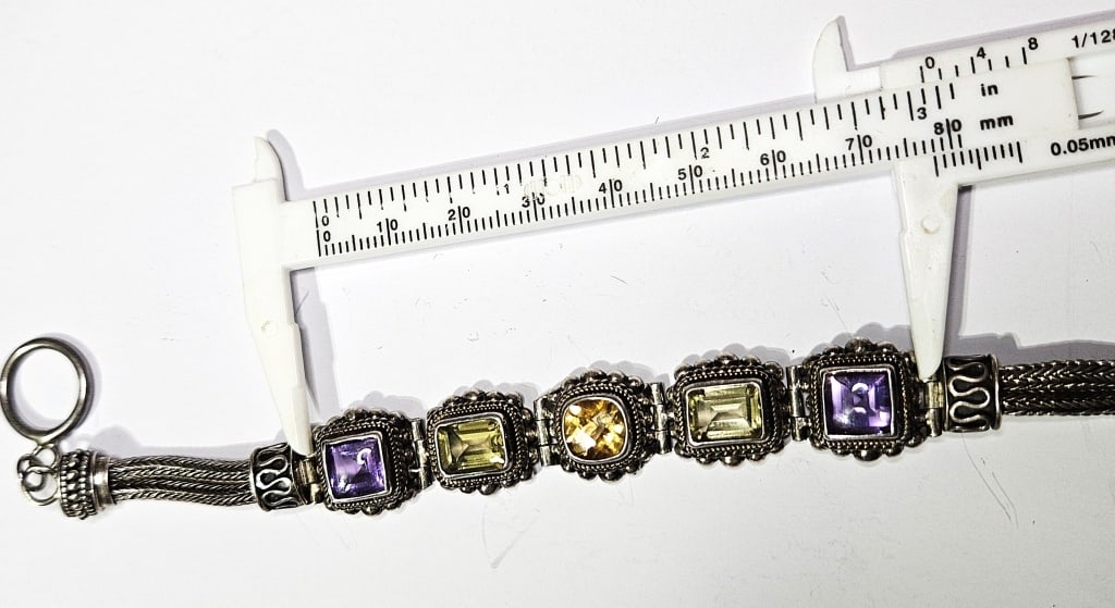 Sterling Silver Semi Precious Gem Bracelet: Citrine-Amethyst-Peridot -Smokey- Item is the exact item in the image - Bidder is responsible for all value and grade determination - Please review all terms and conditions prior to placing any bids-