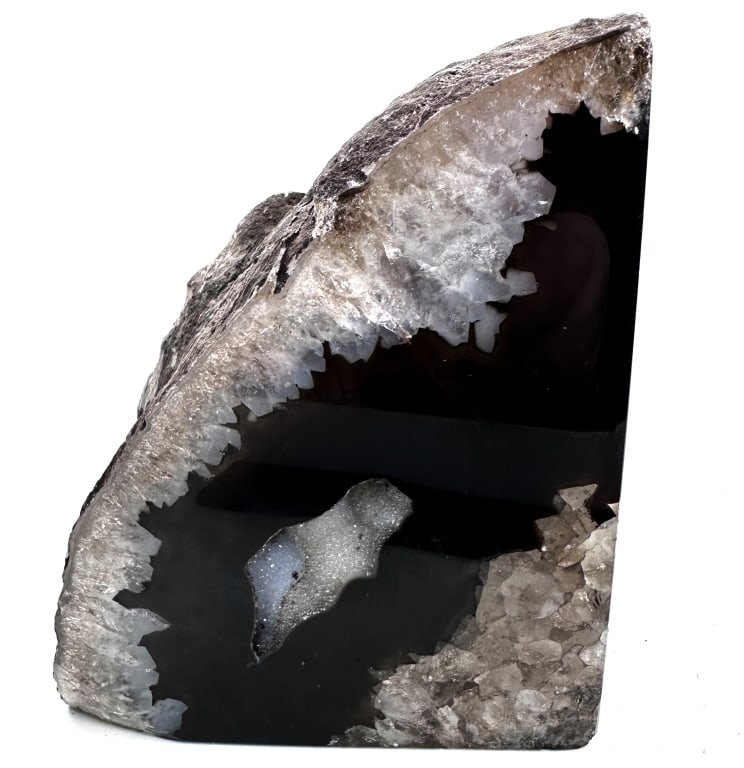 Brown Agate Geode Polished Side w/ Druzy Pocket: Item is the exact item in the image - Bidder is responsible for all value and grade determination - Please review all terms and conditions prior to placing any bids-