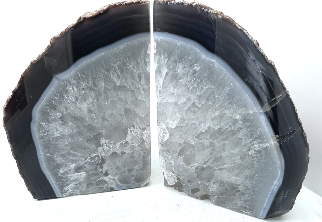 Fine Banded Agate w/ Crystal Center Bookends: Item is the exact item in the image - Bidder is responsible for all value and grade determination - Please review all terms and conditions prior to placing any bids- All sales final - all bids due at