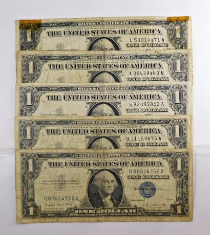 Lot of (5) Random Date $1 Silver Certificates (1 of 1)