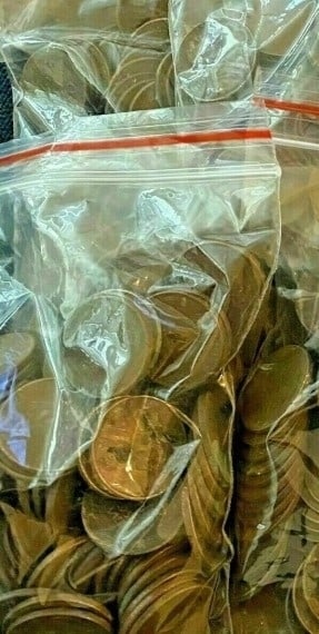 A Bag of (100 unsearched Lincoln Wheat Cents: An unsearched bag counted from large hoard into parcels of 100 pcs.