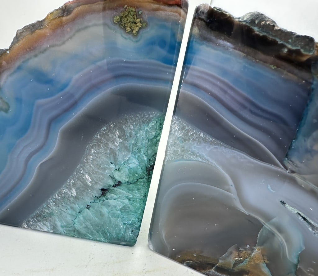 Dyed Blue Agate Bookends w/ Geode Pocket - 2