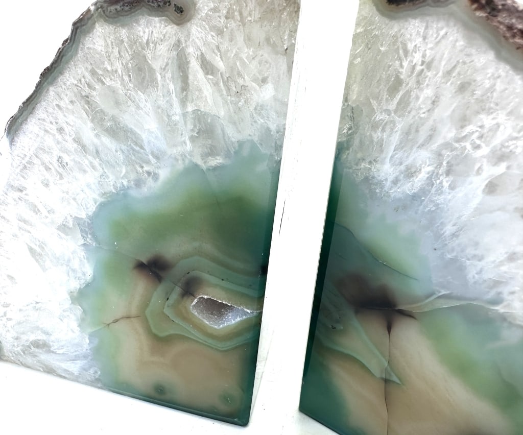 Fine Green Agate Bookends w/ Geode Pocket - 2