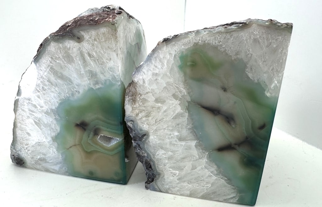 Fine Green Agate Bookends w/ Geode Pocket - 4