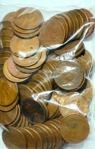 (1) Bag of 100 Lincoln Wheat Cents Unsearched: An unsearched bag counted from large hoard into parcels of 100 pcs.