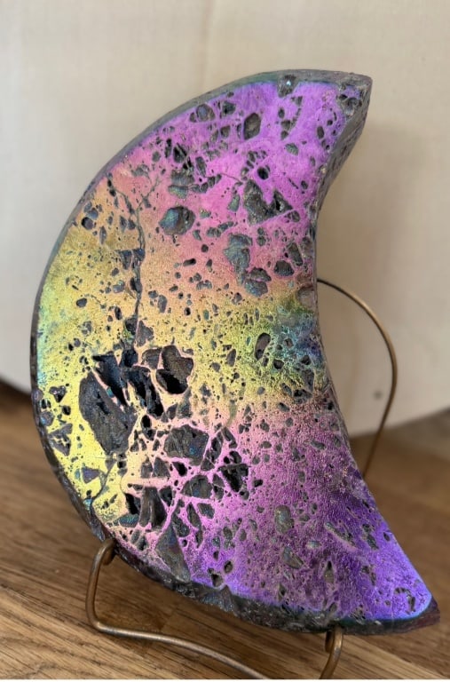 Demi Lune Titanium Aura Quartz Specimen: Natural quartz enhanced with titanium infusion - Poweful in rituals and or for decoration! 8.5' x 5' x 1"- 3.5 lbs