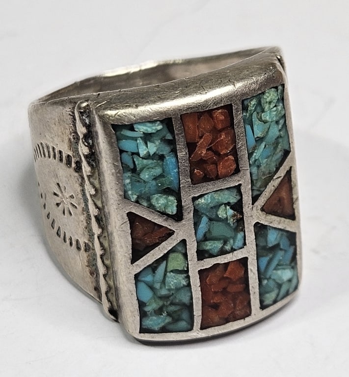 Sterling Silver Coral and Turquoise Vintage Ring: Item is the exact item in image - Bidder is responsible for all value and grade determination - Please review all terms prior to placing any bids- Any bid is an agreement to all terms and