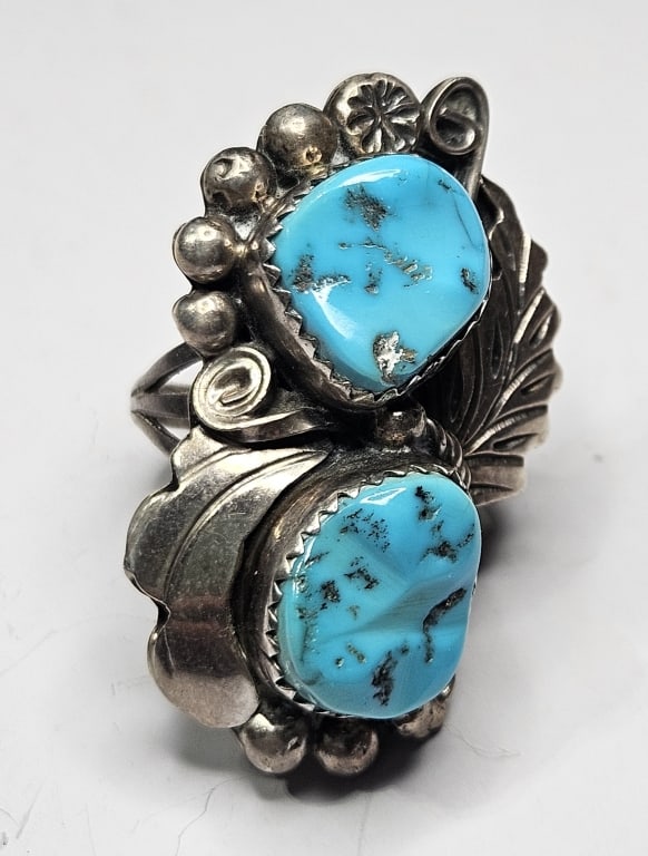 JH Signed Navajo Turquoise Sterling Ring: Item is the exact item in image - Bidder is responsible for all value and grade determination - Please review all terms prior to placing any bids- Any bid is an agreement to all terms and conditions