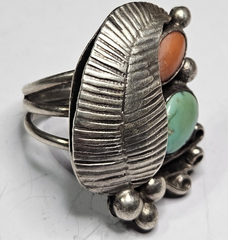 Sterling Silver Turquoise / Coral Ring - 2