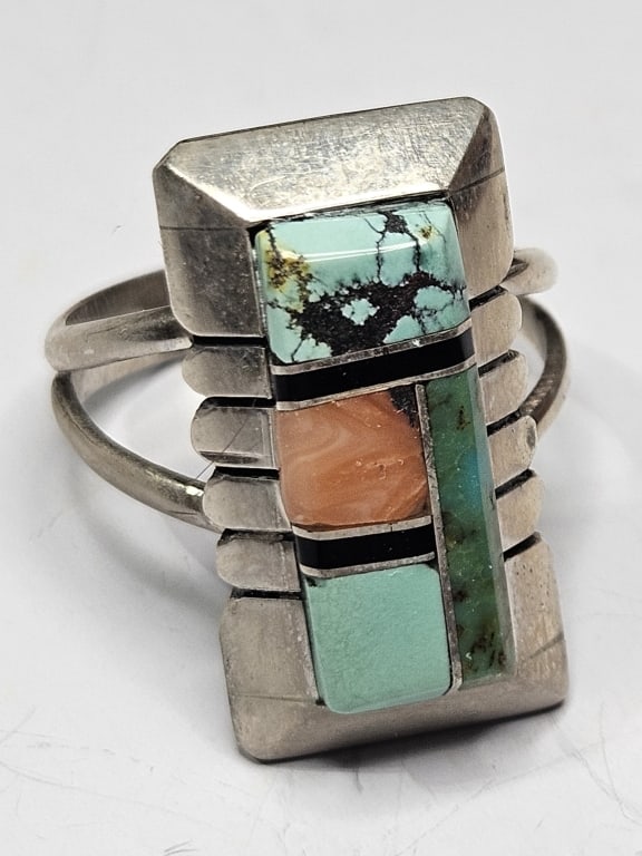 Sterling Silver Turquoise and Coral Ring: Item is the exact item in image - Bidder is responsible for all value and grade determination - Please review all terms prior to placing any bids- Any bid is an agreement to all terms and conditions