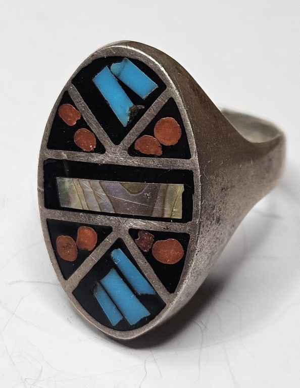 Sterling Silver Turquoise -Coral-Abalone Ring: Item is the exact item in image - Bidder is responsible for all value and grade determination - Please review all terms prior to placing any bids- Any bid is an agreement to all terms and