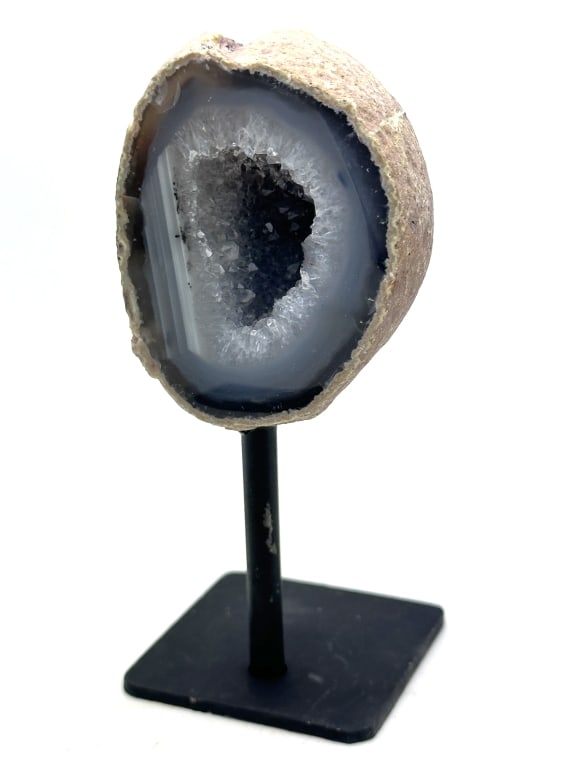 Banded Agate Geode on Stand w/ Druzy Pocket: Item is the exact item in the image - Bidder isresponsible for all value and grade determination. Please review all terms and conditions prior to placing any bids-