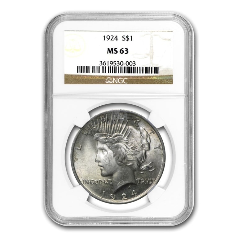 1924 MS 63 NGC OR PCGS Peace Silver Dollar: Item is as shown in the image - with original mint packaging. Please review all terms and conditions prior to placing any bids - All invoices due at the end of the sale - 