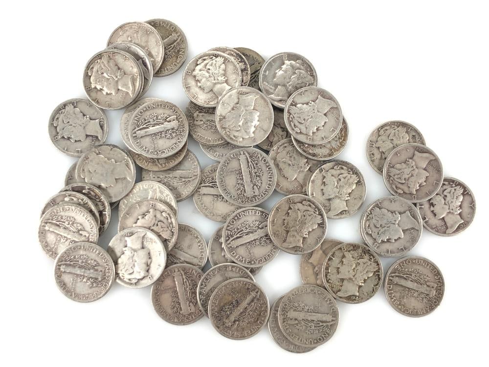 (50) Random Date/Grade 90% Silver Mercury Dimes: Items are as shown in the image and described in the title - Please note tht we have more than one of these items and the exact item in the image may not be the item you recieve. Winning