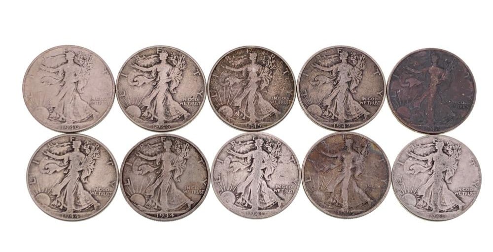 (10) Random Date/Grade Walking Liberty Halves: Items are as shown in the image and described in the title - Please note that we have more than one of these items and the exact item in the image may not be the item you recieve. Winning bidder will