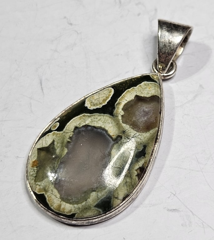 Sterling Silver Ocean Jasper Pendant: Item is the exact item in the image- Bidder is responsible for all value and grade dtermination - Please review all terms and conditions prior to placing any bids-