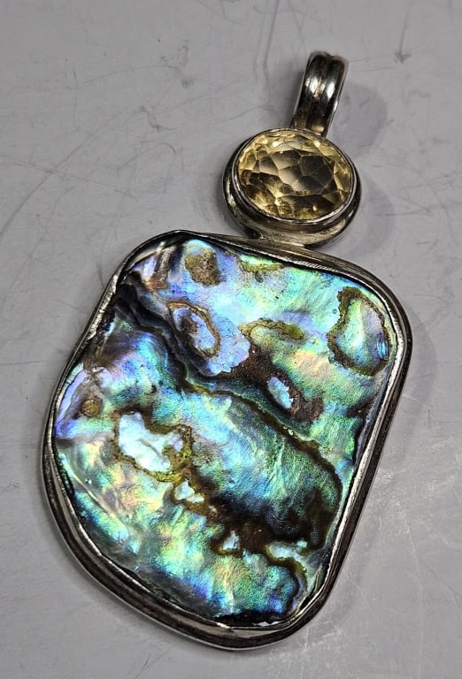Large Sterling Silver Abalone/Citrine Pendant: Item is the exact item in the image- Bidder is responsible for all value and grade dtermination - Please review all terms and conditions prior to placing any bids-