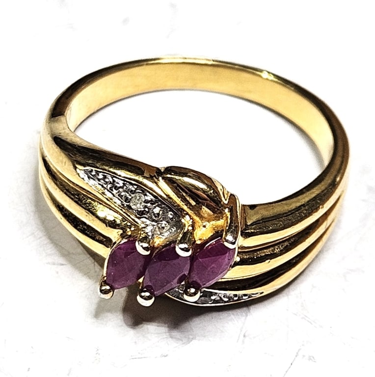 Gold Overlay Sterling Ruby & Diamond Ring: Item is the exact item in the image- Bidder is responsible for all value and grade dtermination - Please review all terms and conditions prior to placing any bids-