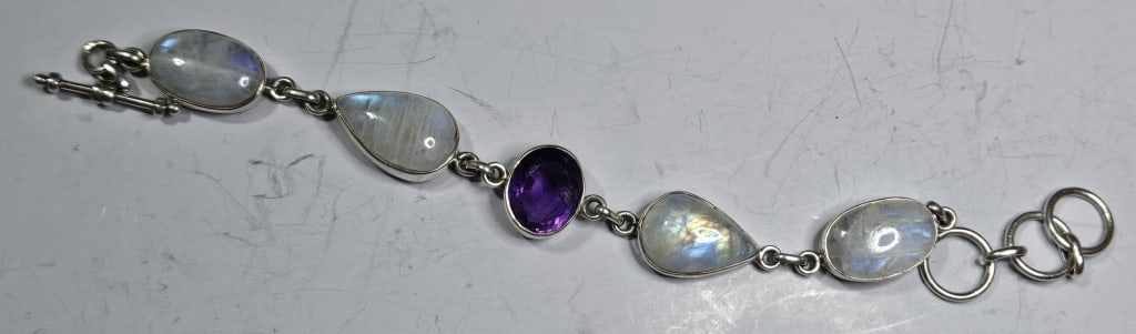 Heavy Moonstone and Amethyst Sterling Bracelet: Item is the exact item in the image- Bidder is responsible for all value and grade dtermination - Please review all terms and conditions prior to placing any bids-