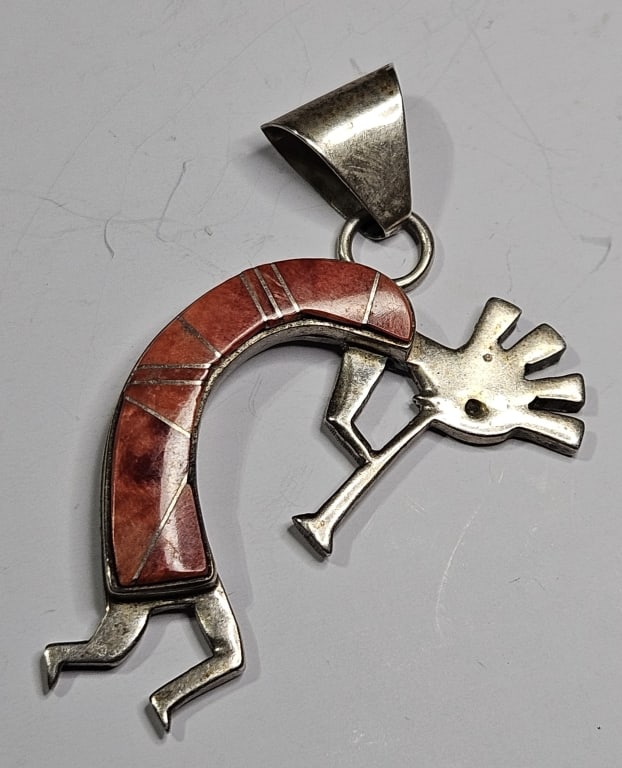 Large Kokapelli Sterling Silver Pin w/ Coral: Item is the exact item in the image- Bidder is responsible for all value and grade dtermination - Please review all terms and conditions prior to placing any bids-