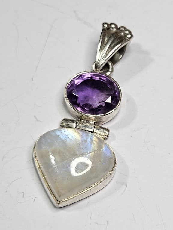 Sterling Silver Moonstone-Amethyst Pendant: Item is the exact item in the image- Bidder is responsible for all value and grade dtermination - Please review all terms and conditions prior to placing any bids-
