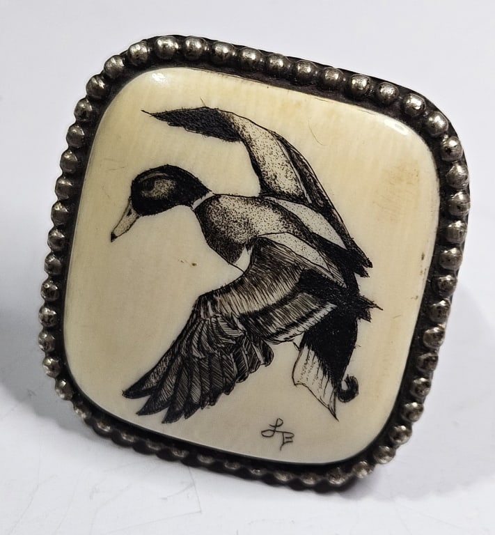 Vintage Scrimshaw Sterling Silver Ring Duck Design: Item is the exact item in the image- Bidder is responsible for all value and grade dtermination - Please review all terms and conditions prior to placing any bids-