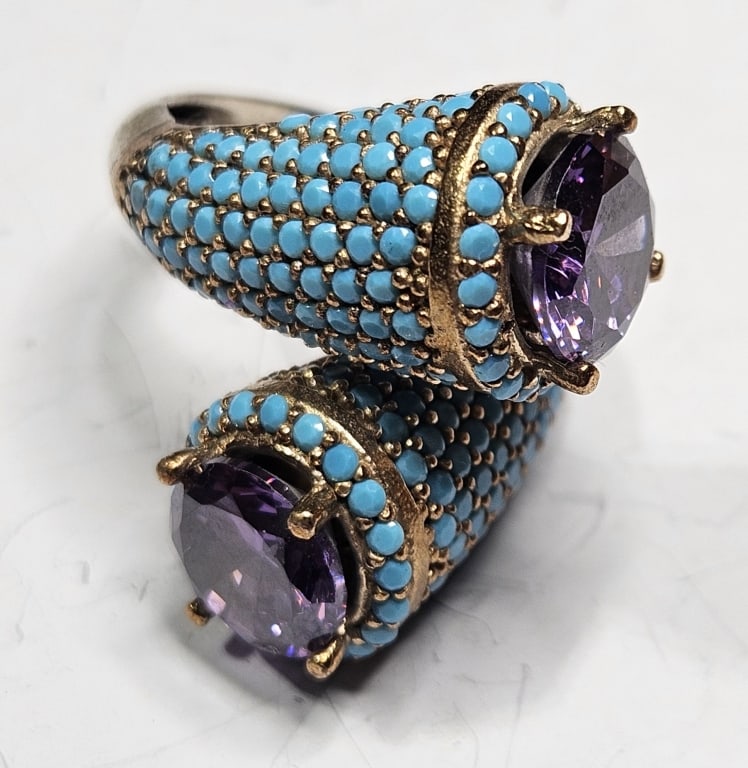 Designer AVA Sterling Ring w/ Turquoise & Amethyst: Item is the exact item in the image- Bidder is responsible for all value and grade dtermination - Please review all terms and conditions prior to placing any bids- Gold plated