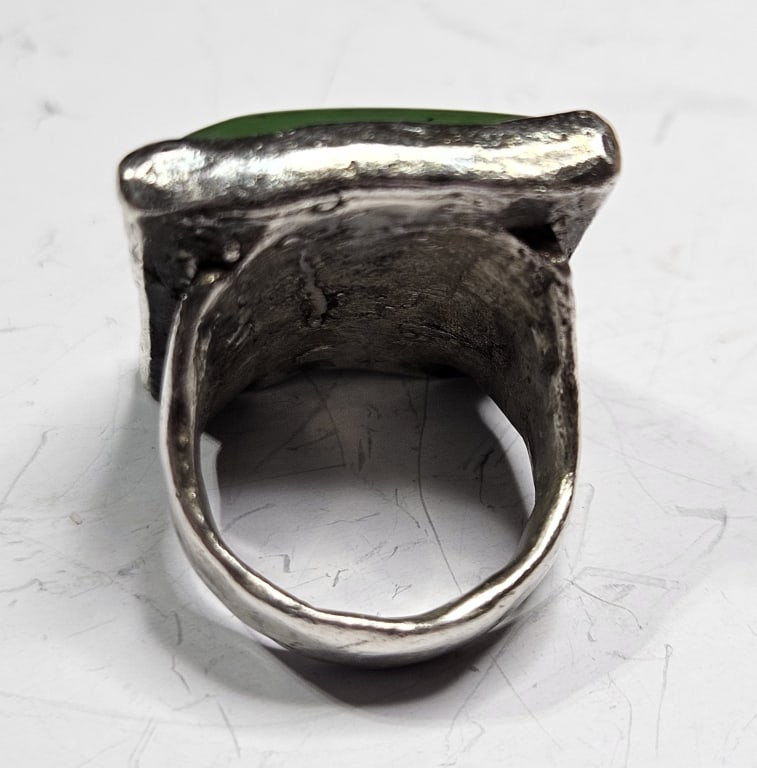 Antique Natural Jade Sterling Silver Ring - 2