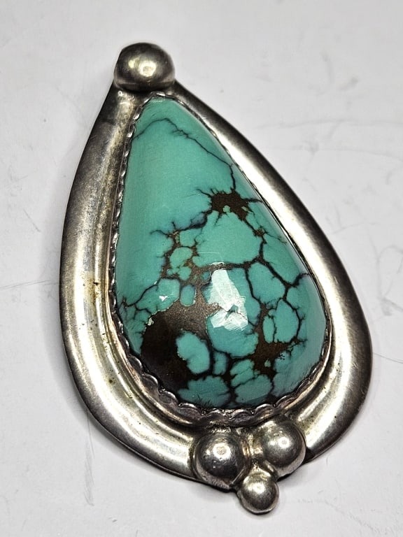E&C Fierro Signed Sterling Turquoise Pendant: Item is the exact item in image - Bidder is responsible for all value and grade determination - Please review all terms prior to placing any bids- Any bid is an agreement to all terms and