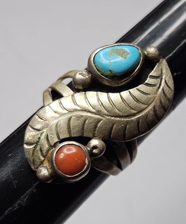 Sterling Silver Coral and Turquoise Ring: Item is the exact item in image - Bidder is responsible for all value and grade determination - Please review all terms prior to placing any bids- Any bid is an agreement to all terms and conditions -