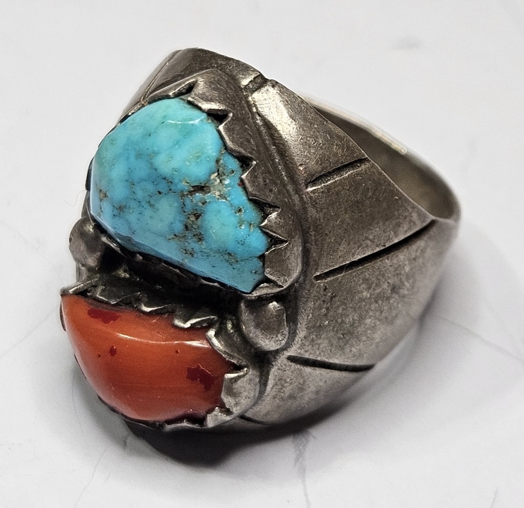 Vintage Native American Coral/Turquoise Ring: Item is the exact item in image - Bidder is responsible for all value and grade determination - Please review all terms prior to placing any bids- Any bid is an agreement to all terms and