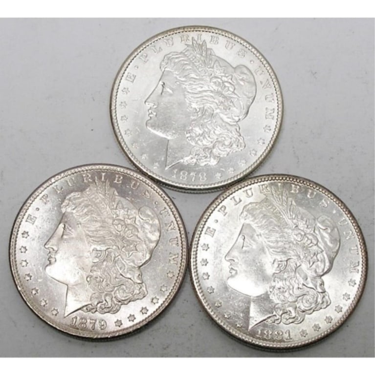 1878-79-81 S Mint Bu Grade Morgan Dollar Set: Type will be our choice and from on hand at time of sale. Item is the EXACT ITEM in the image. Bidder is responsible for all value and determination of value. The images are 