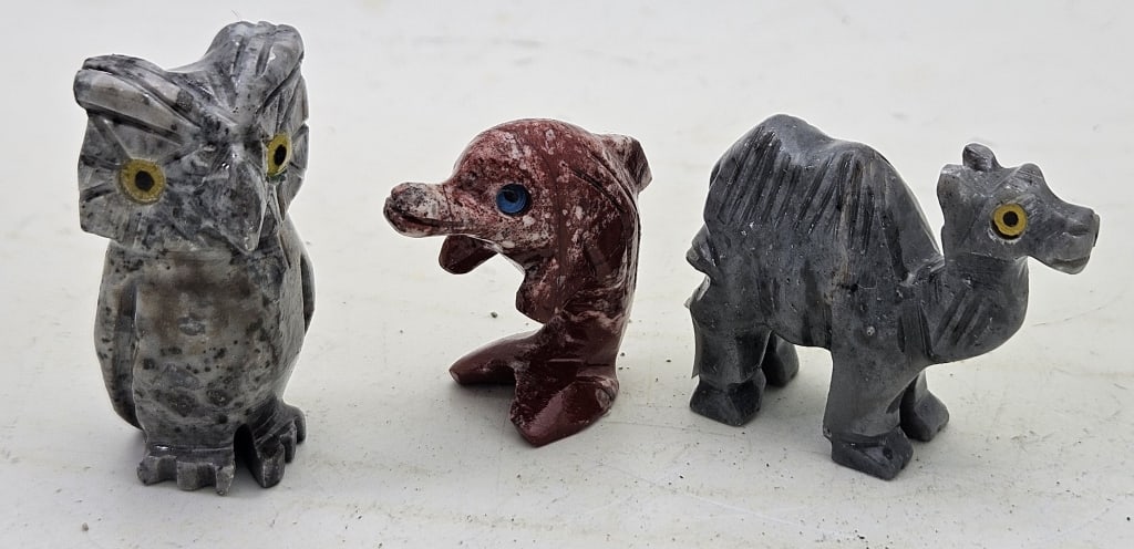 (3) Hand Carved Soapstone Animals: Item is the exact item in the image- Bidder is responsible for all value and grade determination- Please review all terms and conditions prior to placing any bids-