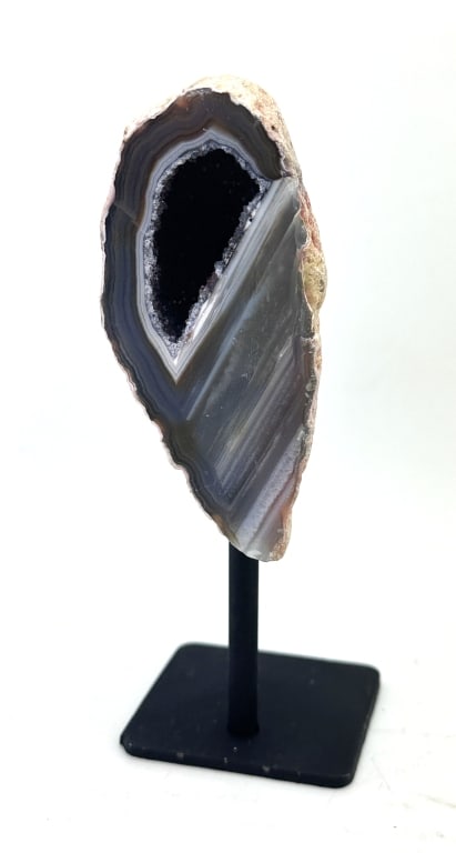 Banded Agate Geode on Stand w/Druzy Center: Item is the exact item in the image - Bidder is responsible for all value and grade determination- Please review all terms and conditions prior to placing any bids- All sales final-
