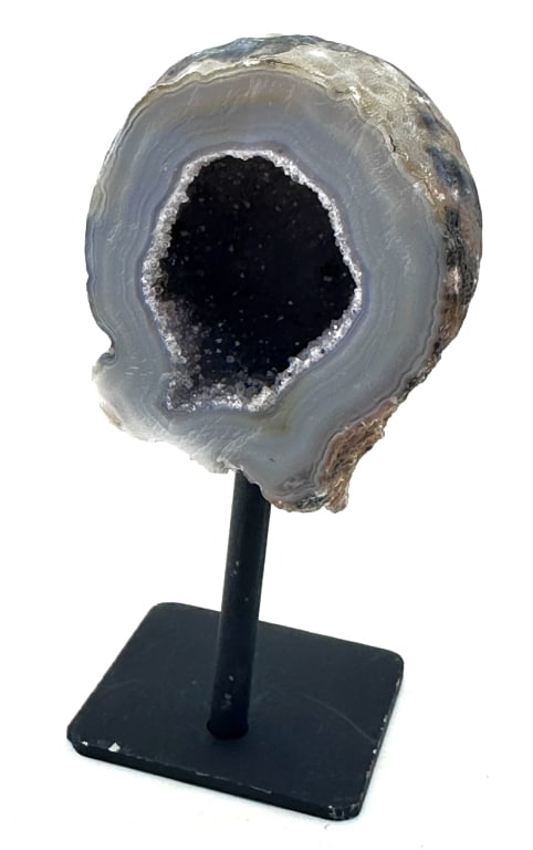 Fine Agate Geode w/ Druzy Center on Stand: Item is the exact item in the image - Bidder is responsible for all value and grade determination- Please review all terms and conditions prior to placing any bids- All sales final-