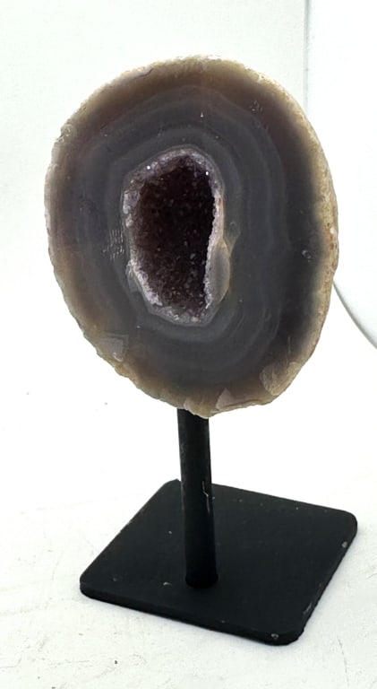 Fine Banded Agate Geode w/ Amethyst Pocket/Stand: Item is the exact item in the image - Bidder is responsible for all value and grade determination- Please review all terms and conditions prior to placing any bids- All sales final-