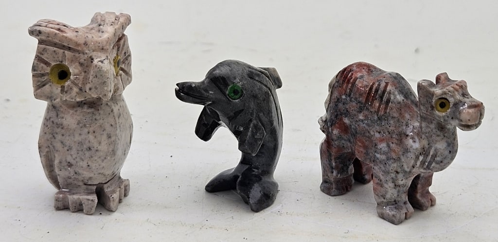 Lot of 3 Carved Soapstone Animals Figures: Item is the exact item in the image- Bidder is responsible for all value and grade determination- Please review all terms and conditions prior to placing any bids-