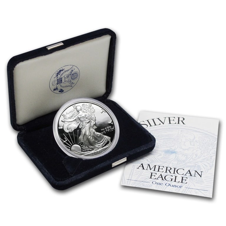 2000 US Silver Eagle Proof in OMP: Item is as shown in the image - with original mint packaging. Please review all terms and conditions prior to placing any bids - All invoices due at the end of the sale - All 