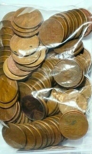 (1) Bag of 100 Lincoln Wheat Cents Unsearched: An unsearched bag counted from large hoard into parcels of 100 pcs.