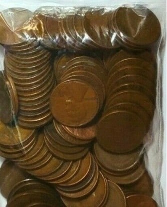 Bag of 100 pcs. Random Date Wheat Cents: An unsearched bag counted from large hoard into parcels of 100 pcs. WInning bidder wins ONE bag of 100 coins.