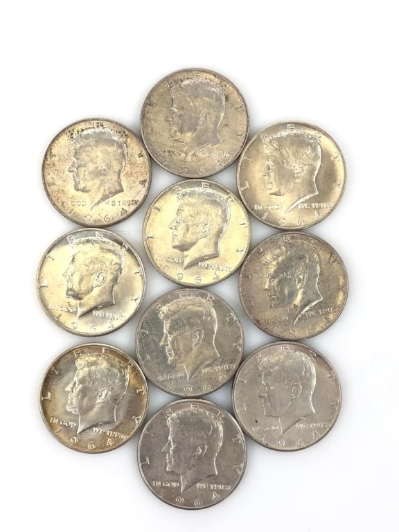 (10) 1964 Kennedy Half Dollars 90% Silver: Items are as shown in the image and described in the title - Please note tht we have more than one of these items and the exact item in the image may not be the item you recieve. Winning bidder will r